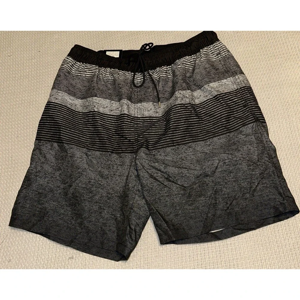 Kirkland Signature Men's Stretch Swim Shorts, Grey/Black Stripes Size Large NWT